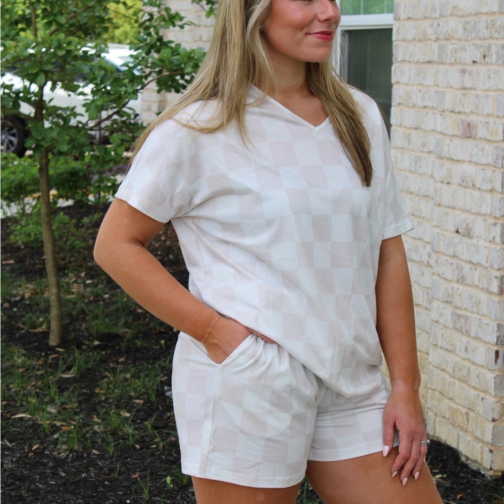 White Checkered Short Sleeve Set